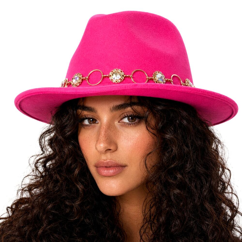 Cowgirl Cowboy Rhinestones Trim Rodeo Queen Fedora - Pink